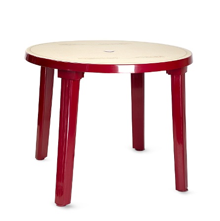 Круглый пластиковый стол красного цвета с рисунком